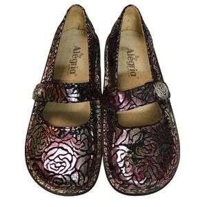 Alegria Womens Mary Jane Shoes Floral Metallic Rose Pattern Comfort Footbed